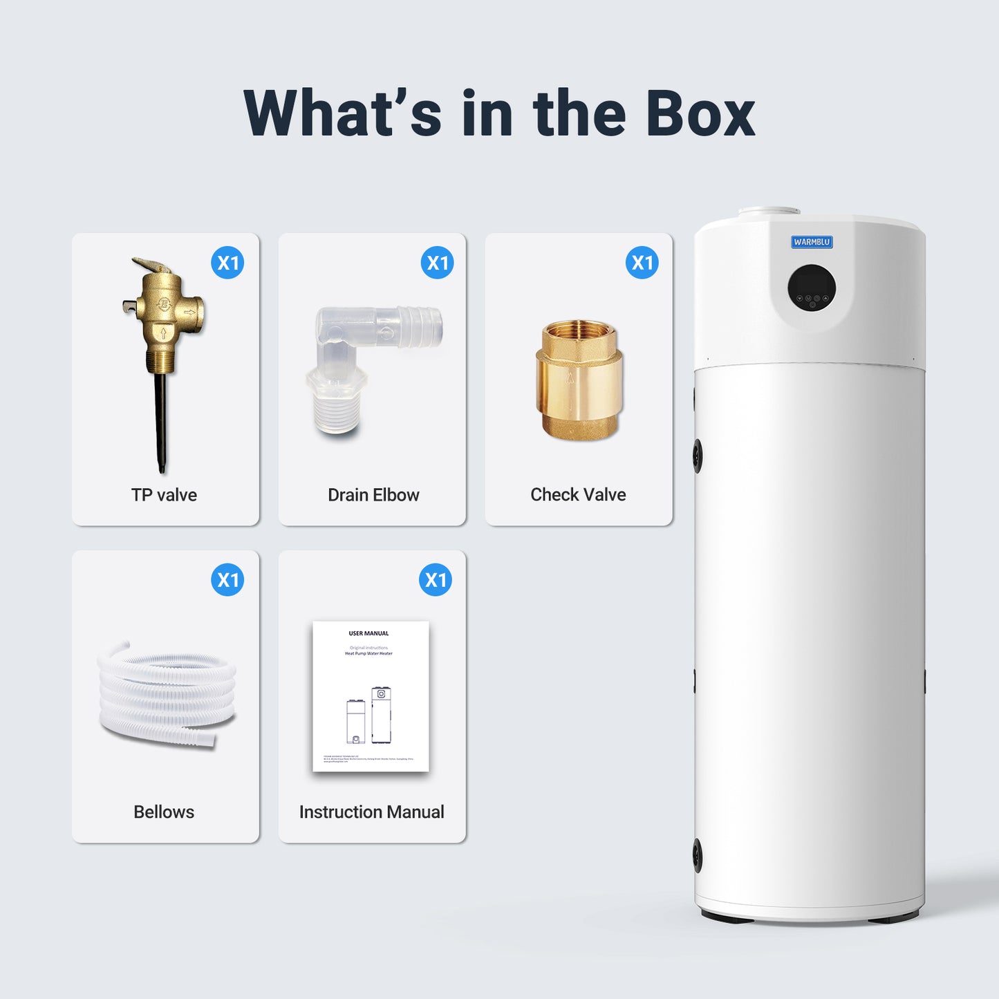 WARMBLU Hephea F200 200L Air-source Heat Pump Water Heater COP 4.2 features Energy Class A+ rating, quiet operation (under 46dB), WiFi control, Intelligent sterilization function, and uses R290 Domestic Hot Water Heat Pump & Boiler