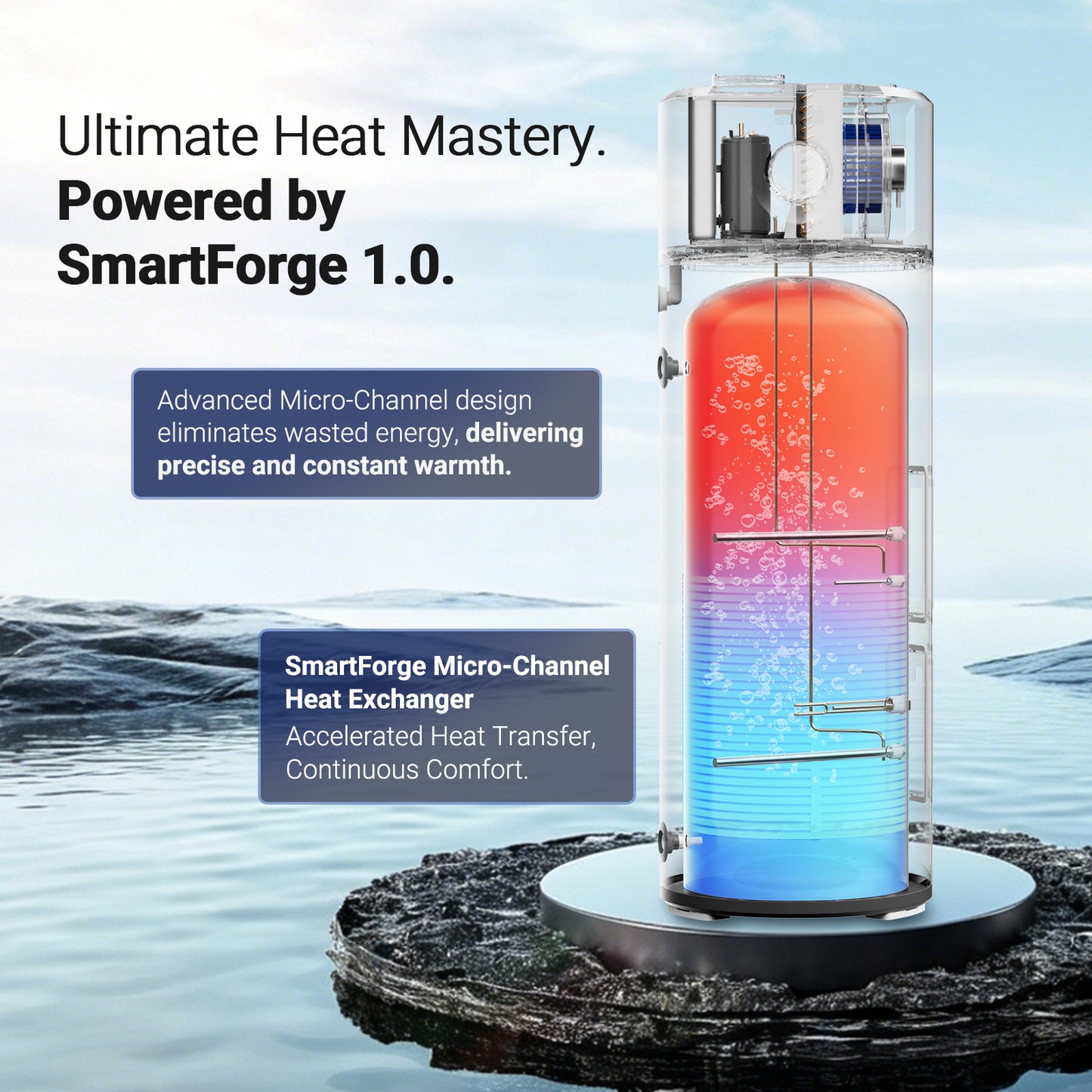 WARMBLU Hephea F200 200L Air-source Heat Pump Water Heater COP 4.2 features Energy Class A+ rating, quiet operation (under 46dB), WiFi control, Intelligent sterilization function, and uses R290 Domestic Hot Water Heat Pump & Boiler