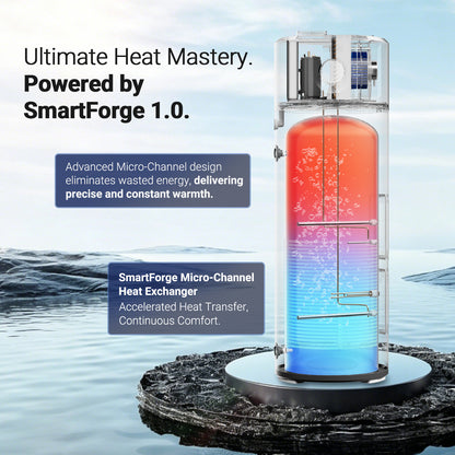 WARMBLU Hephea F200 200L Air-source Heat Pump Water Heater COP 4.2 features Energy Class A+ rating, quiet operation (under 46dB), WiFi control, Intelligent sterilization function, and uses R290 Domestic Hot Water Heat Pump & Boiler