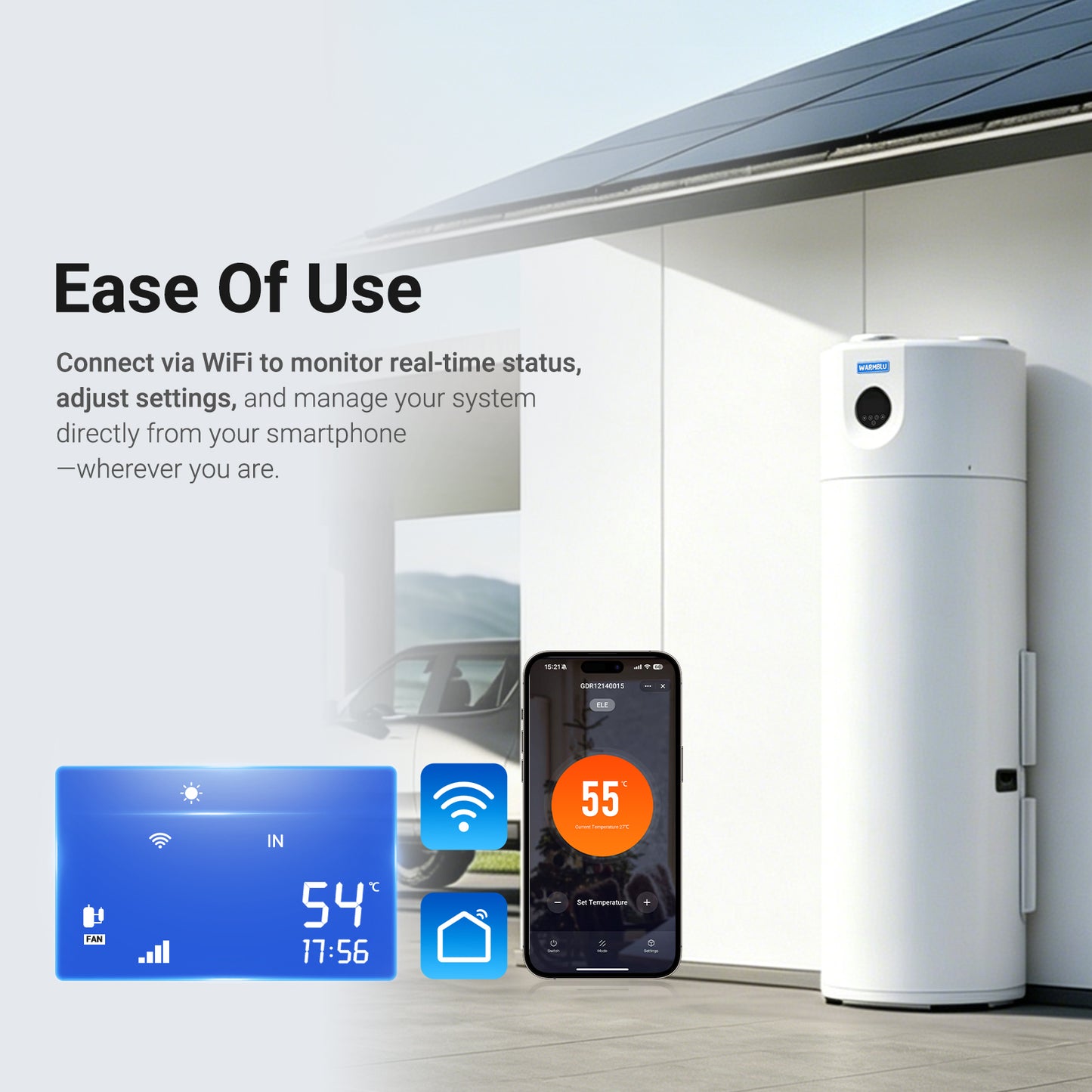 WARMBLU Hephea F200 200L Air-source Heat Pump Water Heater COP 4.2 features Energy Class A+ rating, quiet operation (under 46dB), WiFi control, Intelligent sterilization function, and uses R290 Domestic Hot Water Heat Pump & Boiler