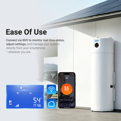 WARMBLU Hephea F200 200L Air-source Heat Pump Water Heater COP 4.2 features Energy Class A+ rating, quiet operation (under 46dB), WiFi control, Intelligent sterilization function, and uses R290 Domestic Hot Water Heat Pump & Boiler