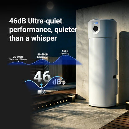 WARMBLU Hephea F200 200L Air-source Heat Pump Water Heater COP 4.2 features Energy Class A+ rating, quiet operation (under 46dB), WiFi control, Intelligent sterilization function, and uses R290 Domestic Hot Water Heat Pump & Boiler