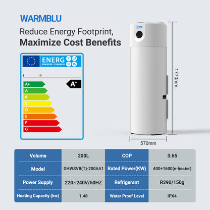 WARMBLU Hephea F200 200L Air-source Heat Pump Water Heater COP 4.2 features Energy Class A+ rating, quiet operation (under 46dB), WiFi control, Intelligent sterilization function, and uses R290 Domestic Hot Water Heat Pump & Boiler