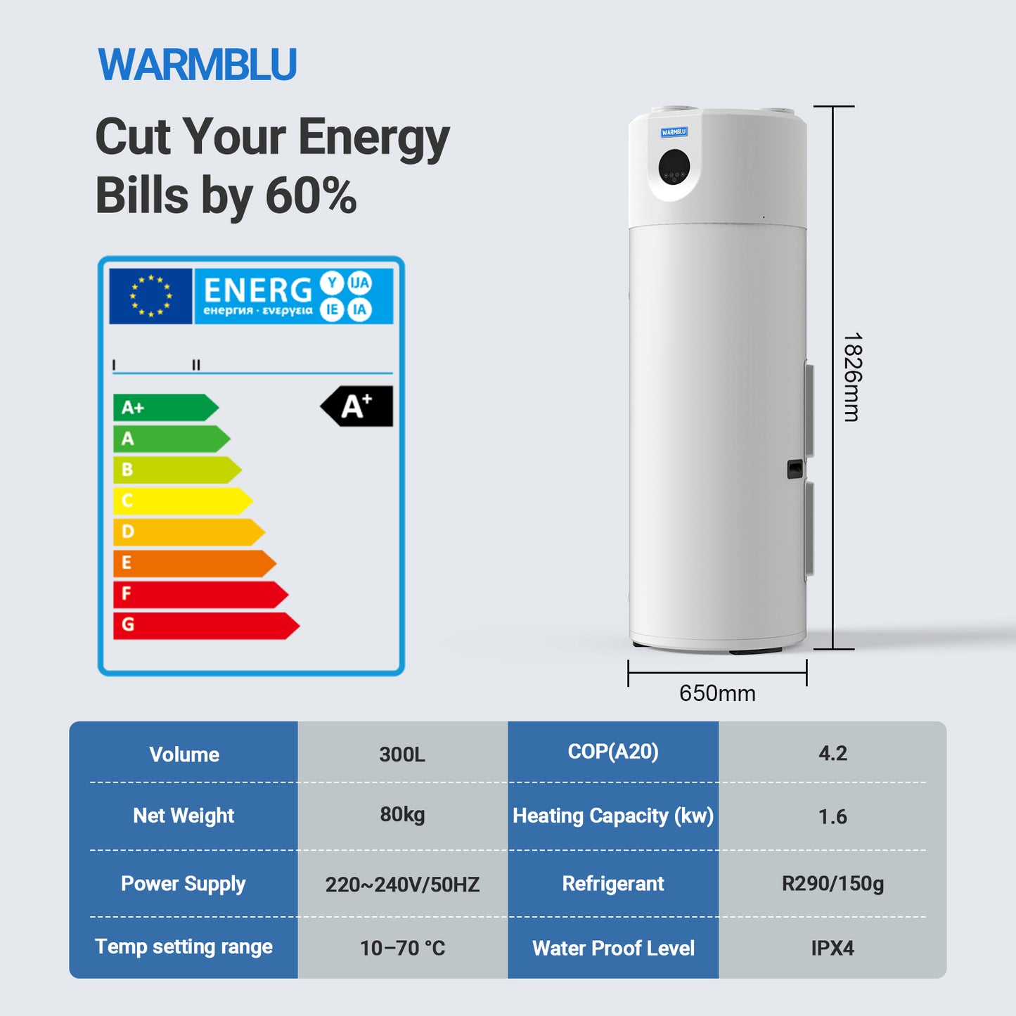 WARMBLU Hephea F300 300L Air-source Heat Pump Water Heater COP 4.2 features Energy Class A+ rating, quiet operation (under 46dB), WiFi control, Intelligent sterilization function, and uses R290 Domestic Hot Water Heat Pump & Boiler