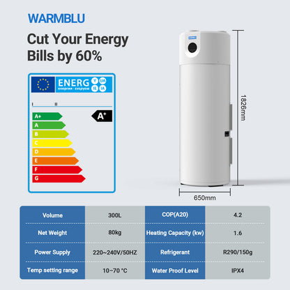 WARMBLU Hephea F300 300L Air-source Heat Pump Water Heater COP 4.2 features Energy Class A+ rating, quiet operation (under 46dB), WiFi control, Intelligent sterilization function, and uses R290 Domestic Hot Water Heat Pump & Boiler